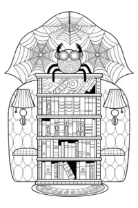 A coloring page of Spider Librarian in a Bookish Wonderland Coloring Page