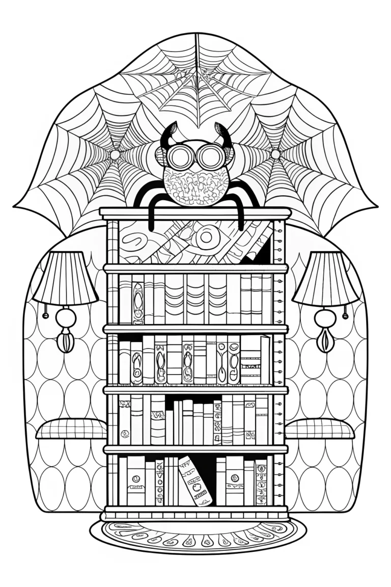 Spider Librarian in a Bookish Wonderland Coloring Page coloring pages