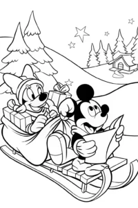 A coloring page of Mickey Mouse and Minnie Sleigh Ride Coloring Page