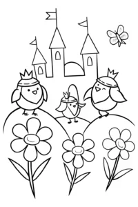 A coloring page of Chickens on Adventure in a Magical Castle Coloring Page