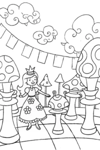 A coloring page of Alice in the Enchanted Chess Parade Coloring Page