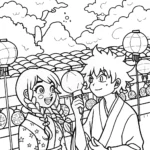 Anime Adventurers in a Floating Market Coloring Page