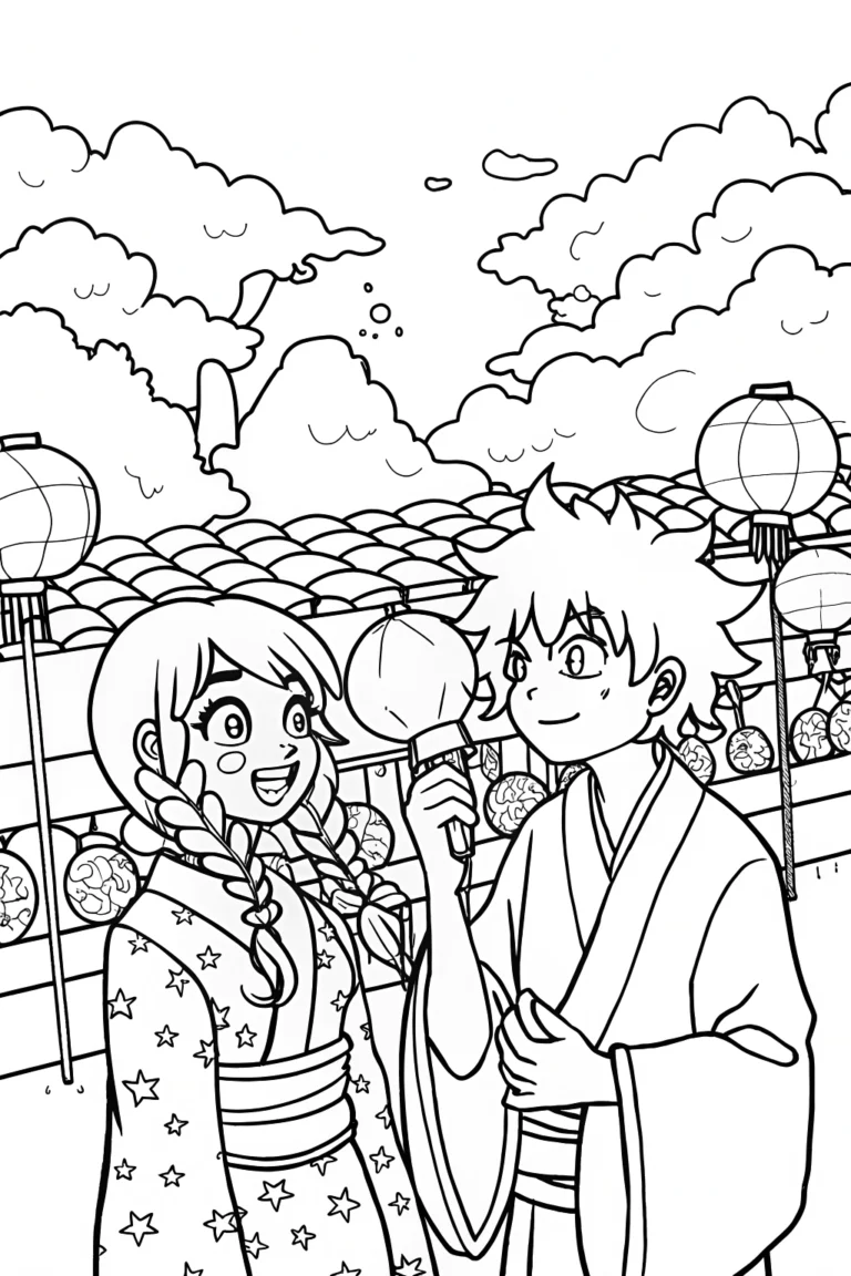 Anime Adventurers in a Floating Market Coloring Page coloring pages