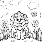 Joyful Lion Cub in Flower Garden Coloring Page