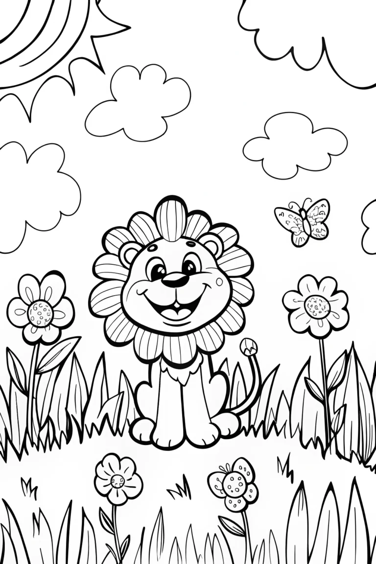 Joyful Lion Cub in Flower Garden Coloring Page coloring pages