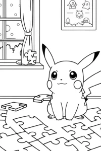 A coloring page of Pikachu’s Puzzle Adventure Coloring Page