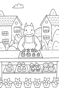 A coloring page of Charizard’s Cozy Bakery Coloring Page
