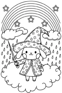 A coloring page of Cinnamoroll’s Whimsical Weather Workshop Coloring Page