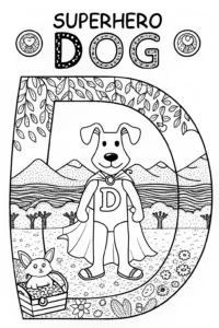 A coloring page of Superhero Dog’s Treasure Hunt Coloring Page