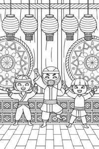 A coloring page of Ninja Sensei and the Playful Students Coloring Page