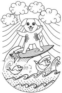 A coloring page of Sunshine Surfing Adventure Coloring Page