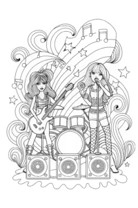 A coloring page of Bratz Dolls Jam Session Coloring Page