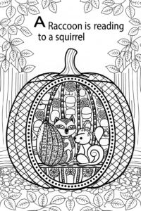 A coloring page of Raccoon Reading to Squirrel in a Pumpkin Coloring Page