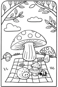 A coloring page of Mushroom Picnic Party Coloring Page