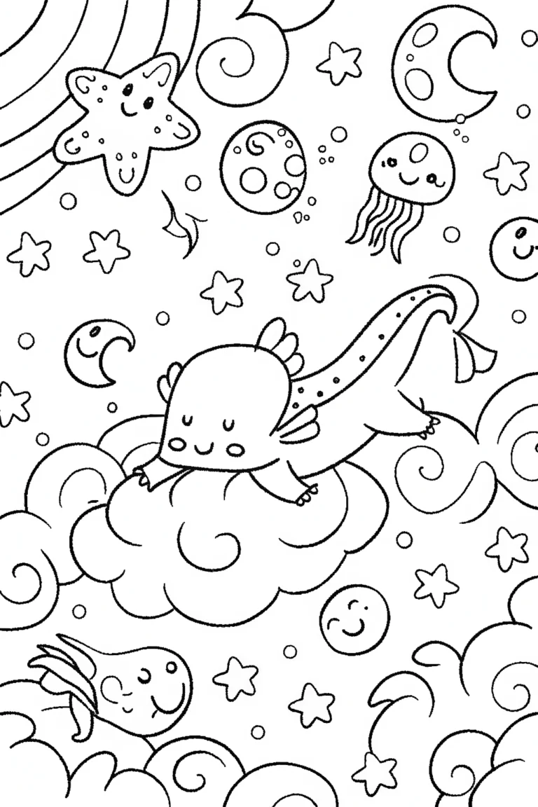 Axolotl’s Dreamy Cloud Adventure Coloring Page coloring pages