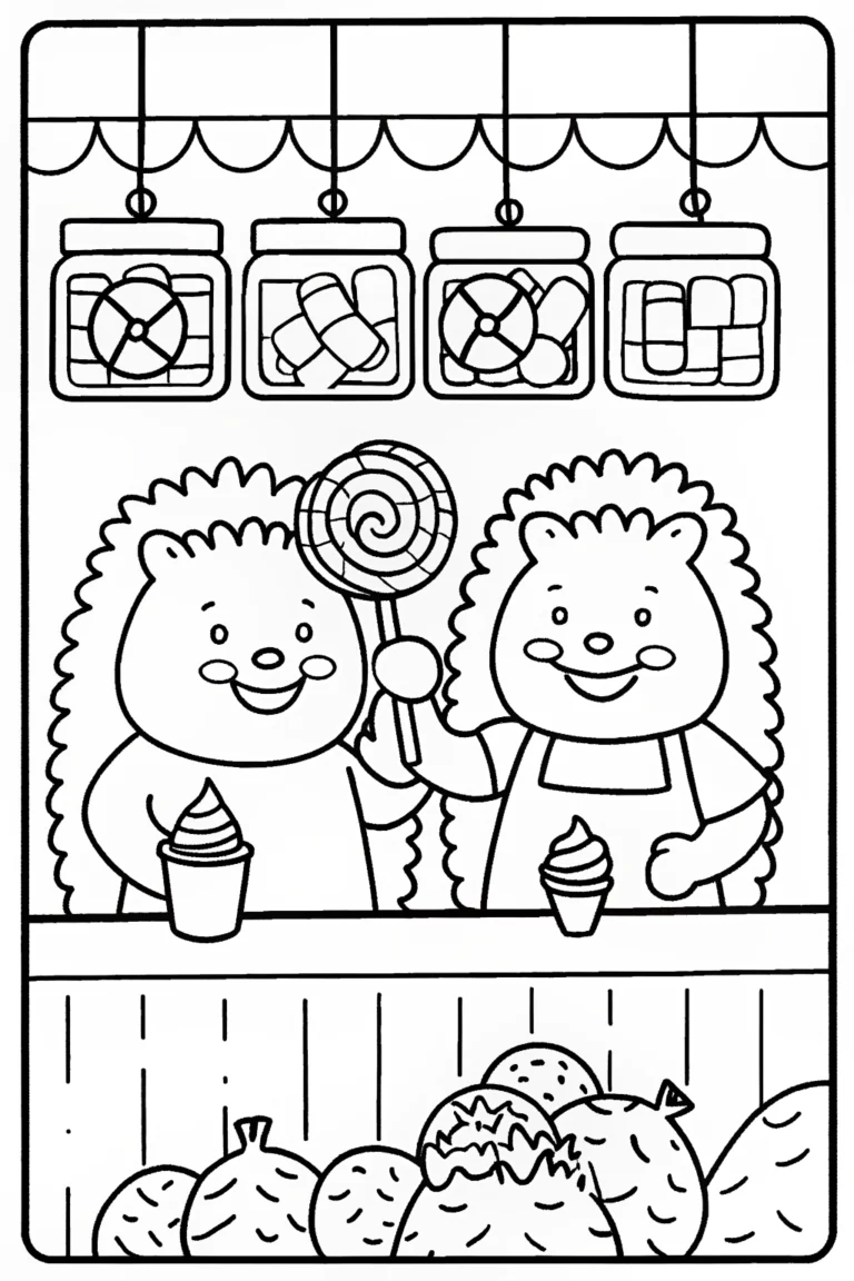 Happy Hedgehogs at the Candy Shop Coloring Page coloring pages
