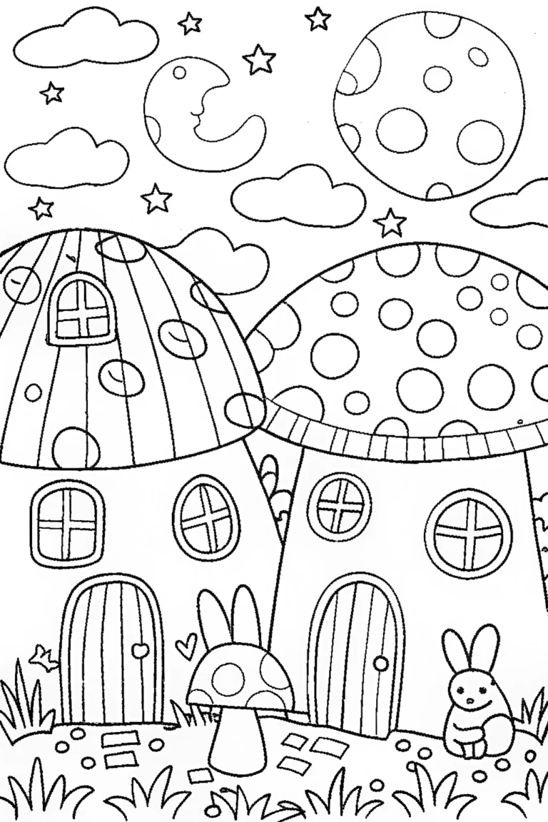 Mushroom Village Adventure Coloring Page coloring pages