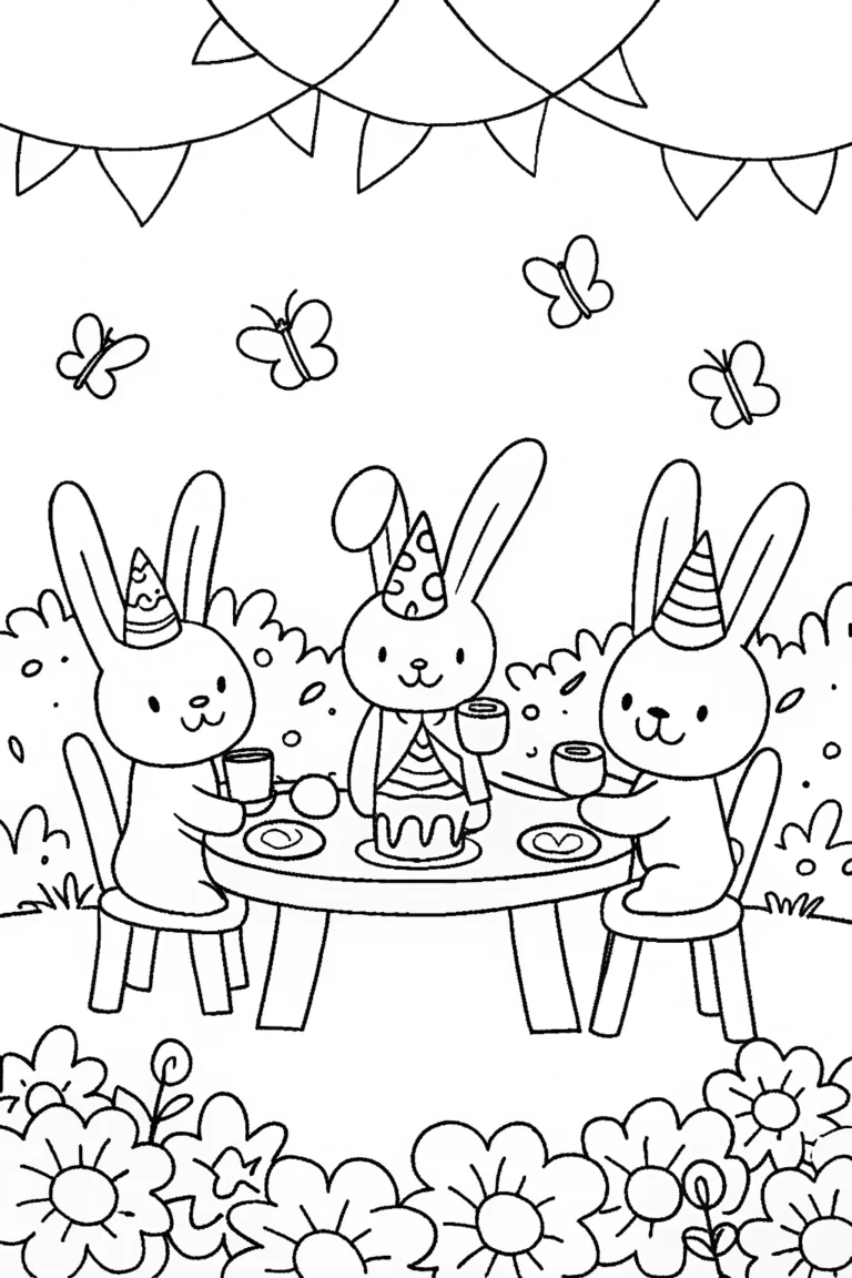 Whimsical Rabbit Tea Party Coloring Page coloring pages