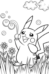 A coloring page of Pikachu and the Bubble Bonanza Coloring Page