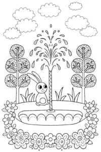 A coloring page of Banban’s Garden Fountain Adventure Coloring Page