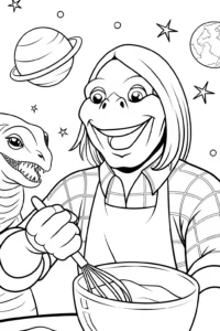 A coloring page of Godzilla’s Cosmic Cake-Off Coloring Page
