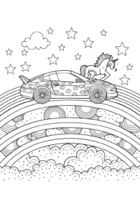 A coloring page of Lamborghini Dreams and Unicorn Adventures Coloring Page