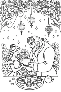 A coloring page of Belle and the Beast’s Enchanted Tea Party Coloring Page