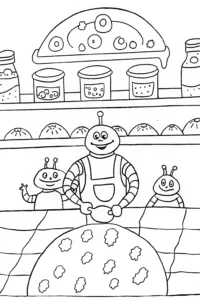 A coloring page of Buzz Lightyear’s Cosmic Space Bakery Coloring Page
