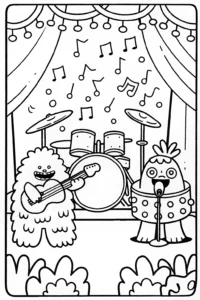 A coloring page of Monster Rock Band Jam Coloring Page