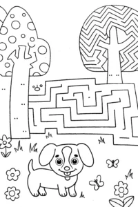 A coloring page of Puppy in a Puzzle Maze Coloring Page