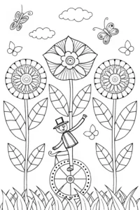 A coloring page of Whimsical Flower Troupe Coloring Page