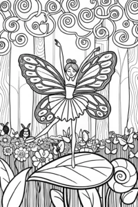 A coloring page of Butterfly Ballet on a Leafy Stage Coloring Page