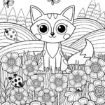 Curious Fox in a Whimsical Garden Coloring Page