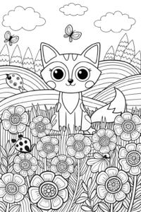 A coloring page of Curious Fox in a Whimsical Garden Coloring Page