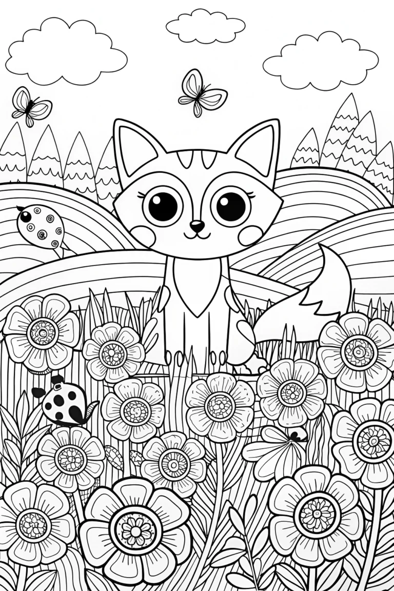 Curious Fox in a Whimsical Garden Coloring Page coloring pages