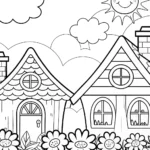 Rainbow Dreams in a Whimsical Village Coloring Page