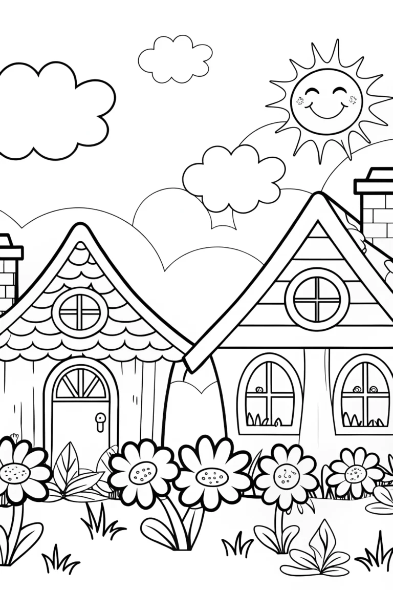 Rainbow Dreams in a Whimsical Village Coloring Page coloring pages