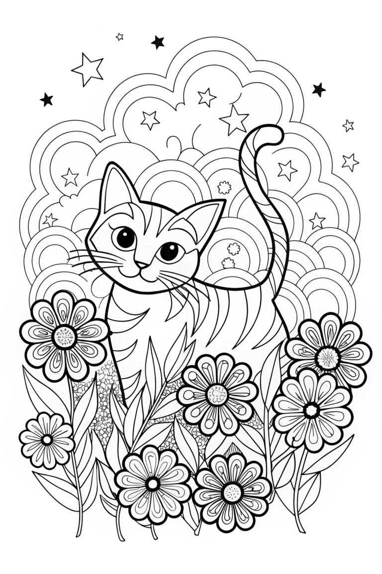 Nimbus the Cat in a Cosmic Garden Coloring Page coloring pages
