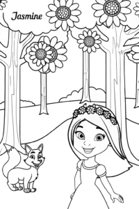 A coloring page of Jasmine’s Forest Adventure Coloring Page