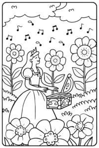 A coloring page of The Princess and the Magical Music Box Coloring Page