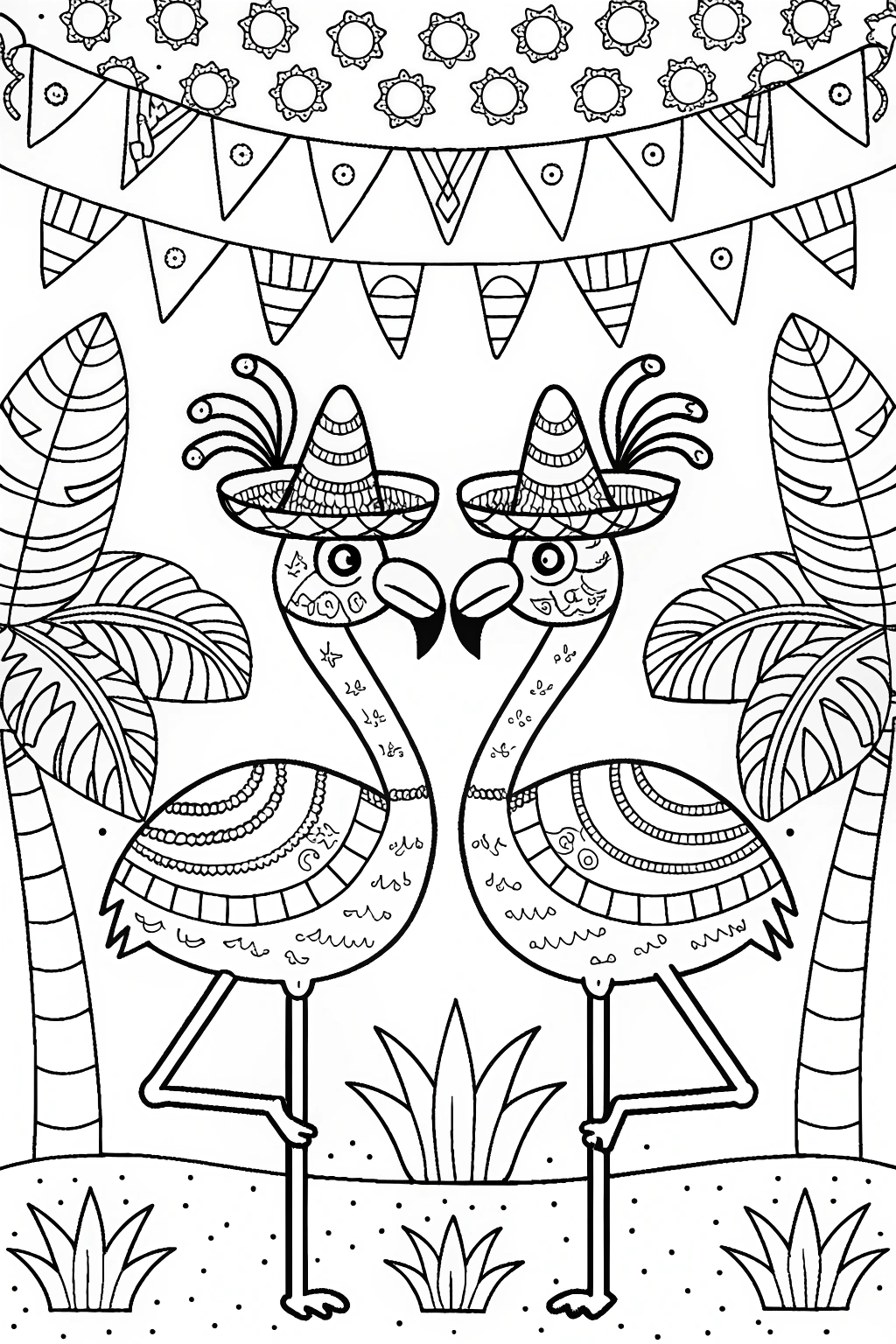 Flamingos in a Fiesta Coloring Page