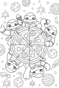 A coloring page of Teenage Mutant Ninja Turtles’ Cosmic Pizza Party