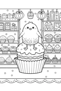 A coloring page of Chick’s Adventure in the Enchanted Bakery Coloring Page
