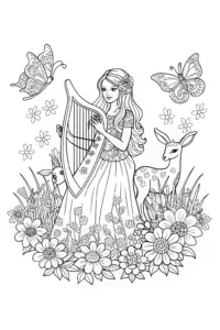 A coloring page of Barbie the Enchanted Musician Coloring Page