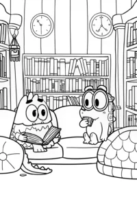 A coloring page of Bluey and Bingo’s Adventure in the Enchanted Library