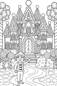 A coloring page of Blippi’s Amazing Adventure in a Candy Castle Coloring Page