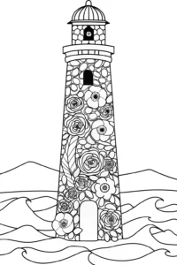 A coloring page of Whimsical Flower Lighthouse Coloring Page