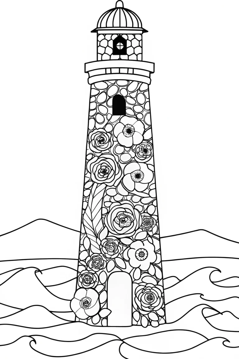 Whimsical Flower Lighthouse Coloring Page coloring pages