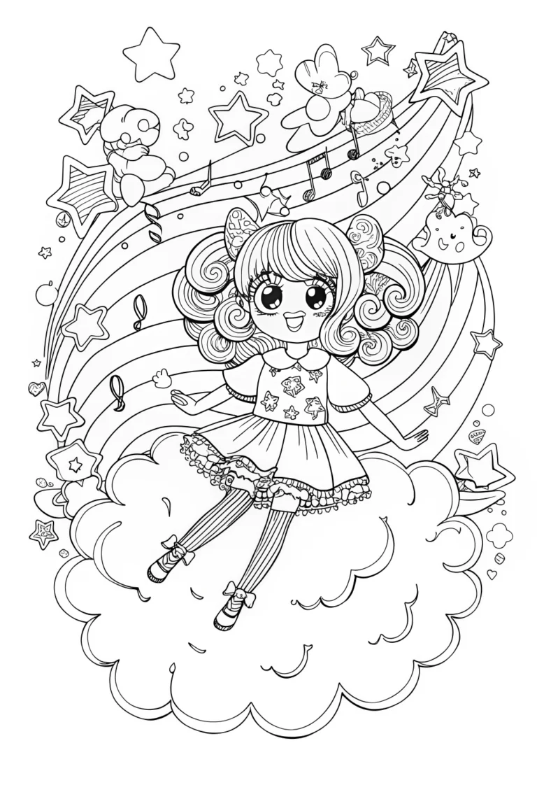 Cheerful Anime Girl Dreaming on a Cloud Coloring Page coloring pages