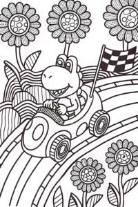 A coloring page of Yoshi’s Adventure in the Mushroom Kingdom Coloring Page